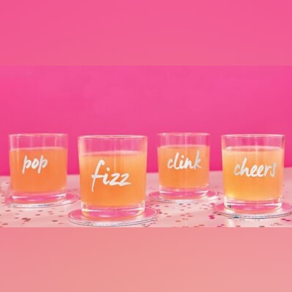 NIB 🍾🫧🍻🥂 Set of 4 Ulta Drinking Glasses, 4 Silver Coasters, & Decorative Box